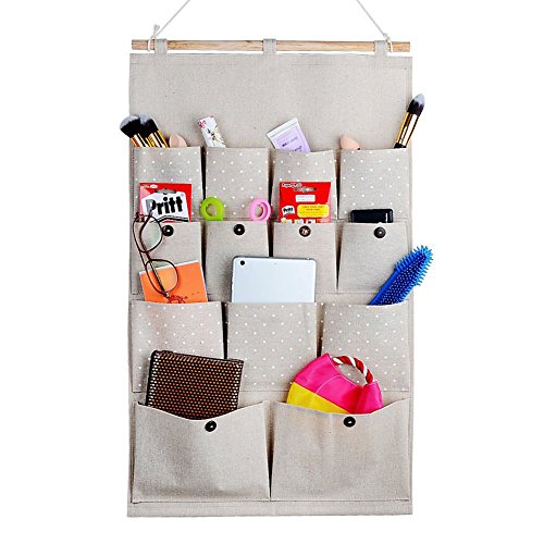 Highdas Linen/Cotton Fabric 13 Pockets Wall Door Closet Hanging Storage bag organizer,White Polka Dots/Navy Stripe (White polka dots)