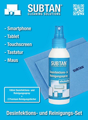 SUBTAN Desinfektions- und Reinigungs-Set für iPhone, iPad, iPad Pro, MacBook, MacBookPro und andere Smartphones, Tablets und Computer – 100 ml Desinfektions- und Reinigungs-Spray + 2 x Reinigungstücher Premium – der praktische Display- und Oberflächenreiniger im Set zum desinfizieren und entkeimen ohne Alkohol auf Wasserbasis und reinigen von Oberflächen im IT-Bereich - 5