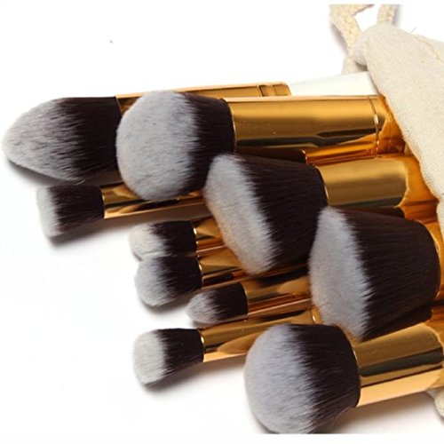 Vovotrade 10 PC Berufsaugenbrauen , Wimpern, Augen und Wangen Make-up Make-up Bürsten Satz Verfassungs Bürsten Kit Draw String Verfassungs-Beutel(Gold) - 2