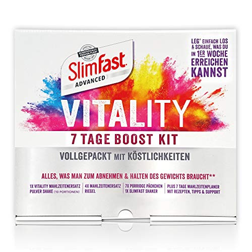 SlimFast 7 Boost Kit I Enthält Vitality Mahlzeitenersatz Pulver, Shaker, Frucht Crunch Protein-Riegel, Porridge Päckchen & Diät-Planer mit Rezepten I 7-Tage-Diät-Set zum Abnehmen und Gewicht halten