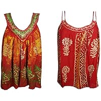 Mogul Interior 2 pc Womens Tank Top Spaghetti Strap Printed Blouse Bohochic Tops L Red,Orange