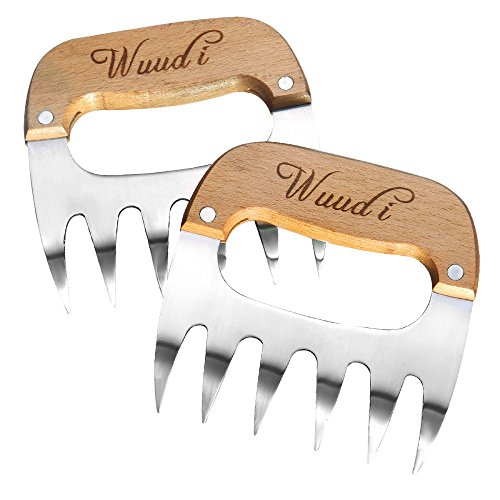 Wuudi Meat Claws Edelstahl Fleisch-Klauen Fleischgabeln mit Holzgriff ideal für Pulled Pork, Beef, Chicken, Grill, BBQ 2er Set