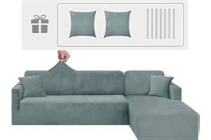 CHELZEN Velours Housse de Canapé Peninsula en Forme de L, 2 Pièces Housses de Canapé d'angle, Housse de Canapé pour Chaise Longue avec Deux Taies d'oreiller (3 Place+3 Place, Bleu Gris)