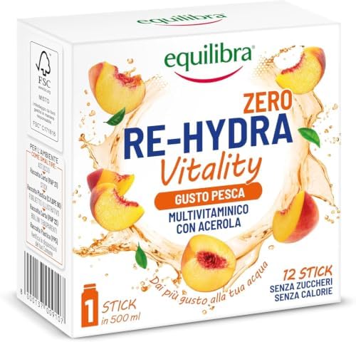 Equilibra Re-Hydra Vitality Zero Zuccheri, Insaporitore Acqua Senza Zucchero, Multivitaminico con Acerola, Vitamina C, Vitamine Gruppo B, Azione di Sostegno e Ricostituente, Gusto Pesca, 12 Stick