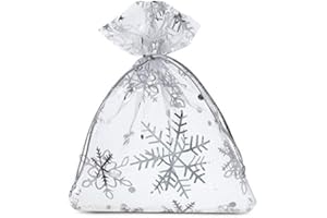 SAKETOS Weihnachten Organza Beutel 10 Stück Stoffsäckchen mit Weihnachts Motiv Geschenksäckchen Organzasäckchen mit Zugband Geschenkverpackung Weihnachts Dekoration I 9 x 12 cm - Weiß Weihnachten