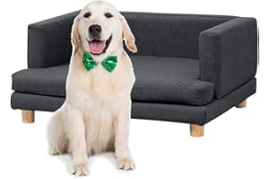Rainbow Tree Dog Sofa Bed Grey for Medium&Small Dogs, Elevated Dog Couch with Removable and Washable Cover, Linen Pet Sofa Chair with Wooden Legs (Grey Bigger Size)