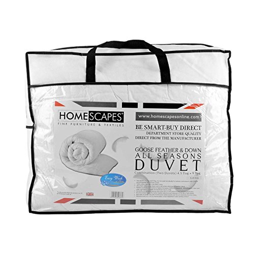 HOMESCAPES - Edredón para Todas Las Estaciones (9 TOG + 4,5 TOG), Plumas de Ganso Blanco y plumón, 100% algodón, antiácaros y antiácaros, antialérgenos, Lavable en casa, Blanco, King (230 x 220 cm)