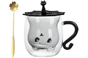 JOAASU Vasos de Doble Pared, Vasos de Doble Pared Transparente, Tazas de Café de Cristal, 201-300ML, Con Tapa de Taza y Cuchara, Regalo de Cumpleaños, San Valentín, Navidad (Gato)