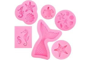 Gobesty Moldes para pasteles de fondant, 6 piezas Molde de cola de sirena Moldes de silicona animal DIY Set Molde de concha marina y molde de cola de sirena Molde de chocolate Moldes de gelatina