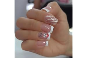 Krótkie sztuczne paznokcie MouyouGlow, kwadratowy różowy nude biały francuski uroczy jeleń laska cukrowa Boże Narodzenie Nacisnąć na paznokcie z klejem do paznokci, Boże Narodzenie Fake Nails