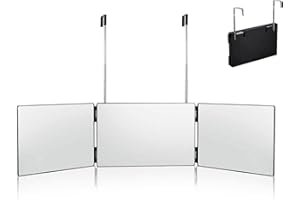 HYKIEE Miroir 360 Coiffeur Homme, Miroir 3 Faces Pliable Mural Self Cut Douche Rasage Maquillage de Porte, Grand Miroir Barbier Triptyque pour Salle de Bain Chambre Coiffeuse Réglables en Hauteur