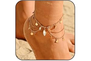 Reaky Bracelet de cheville bohème à paillettes avec cristaux - Chaîne de pied dorée - Bijoux de plage pour femme, Plastique