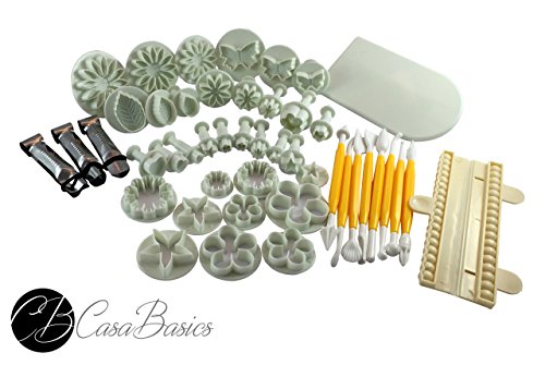 CasaBasics Hochwertiges, 46 Teile - Fondant Set - mit CasaBasics Fondant Rezepte eBook - inkl. Ausstecher, Ausstechform, Auswerfer, Stempel, Modellierwerkzeug, Glätter, Randverzierung ideal für Fondant, Marzipan und Tortendeko