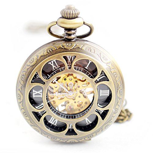 Mechanical Skeleton Pocket Watch - BoShiYa Half Hunter Hollow Case Roman Numerals Fob Watch Necklace Pendant for Gift