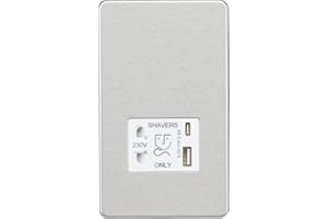 Knightsbridge Screwless Shaver socket with dual USB A+C (5V DC 2.4A shared) - brushed chrome with white insert