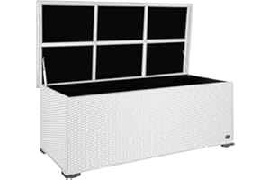 RS Trade® exclusive 'Sienna' 650l Polyrattan Garten Kissenbox wetterfest wasserdicht 155 x 73 x 60 cm, Auflagenbox mit verstärktem Deckel und Gasdruckfedern, als Sitztruhe oder Tischplatte; Weiss