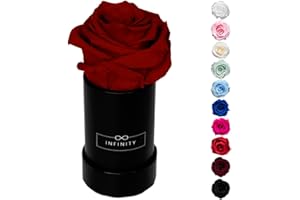 Infinity Flowerbox - 1 echte Infinity Rosen (3 Jahre haltbar ohne Wasser) - Mit Geschenkverpackung I Handgefertigt in Berlin I Geschenk für Frauen (Dunkelrote Rose in schwarzer Box)