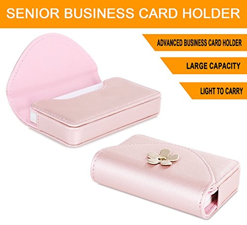 Business Card Holder, Business Card Case, Fyy 100% Handmade Premium PU Leather [Delicate Flower Design] Business Name Card Case Universal Card Holder with Magnetic Closure (Hold 30 pics of cards) Flower & Rose Gold