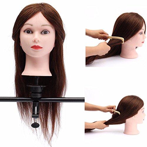 LuckyFine 20 inch 100% Real Long Brown Human Hair Hairdressing Practice Training Head Mannequin + Adjustable Holder