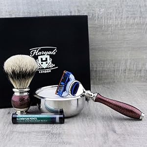 Haryali London 5Pc Mens Shaving Kit Safety Razor, Silver Tip Badger Hair Brush, Soap, Bowl and Alum Set For Men - Image 4