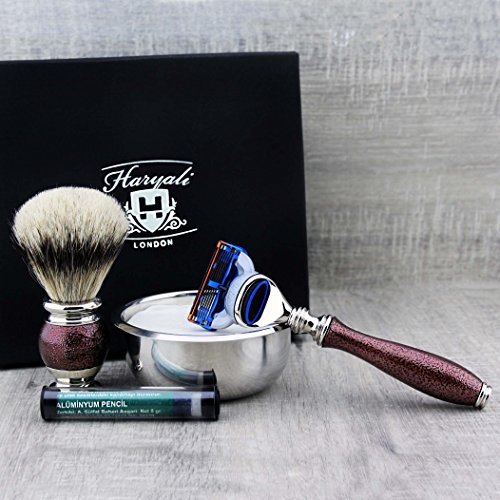 Haryali London 5Pc Mens Shaving Kit Safety Razor, Silver Tip Badger Hair Brush, Soap, Bowl and Alum Set For Men - Image 4