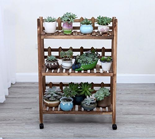 DFHHG® Flower racks, Solid wood balcony living room Fall on the ground mobile Shelf Flower shelf Multi-fence 3 layers Carbonized color Plus tires American flower stand ( Size : 70*31*98cm )