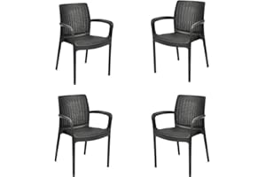 Keter Bali - Pack x4 Silla jardín para Interior y Exterior con reposabrazos Ideal para Jardines y terrazas, apilable, Resina con Acabado de ratán Plano, Color Grafito