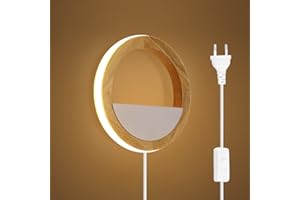 QJUZO Applique da Parete Legno Bambini con Interruttore, 15W LED Rotonda Lampada da Parete per interni con Spina, Bianco Caldo/Bianco Freddo/Bianco Neutro Dimmerabile Luce Notturna