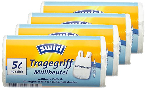 Swirl 4er Pack Müllbeutel mit Tragegriff, 5 Liter, Antibakteriell, 40 Stück pro Rolle, Weiß - 2