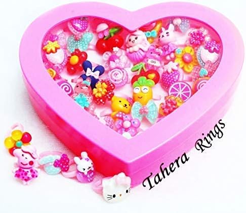 TAHERA Kids Fancy Finger Rings for Girls/Babies with Heart Shape Gift Box, Cartoon Play Toy Gift for Pack of 36 Rings