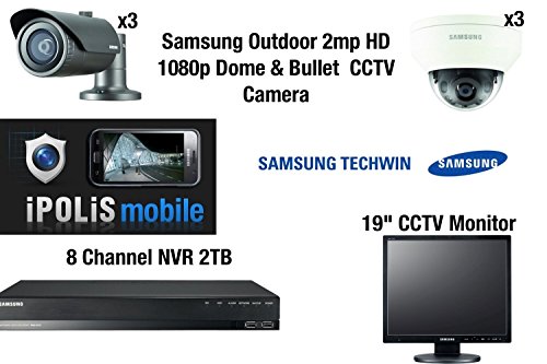 Samsung 3x Dome, 3x Bullet Cameras, 8CH NVR 2TB & 19″ CCTV Monitor – Outdoor Full HD 1080P Kit Vandal Resistant & Weatherproof