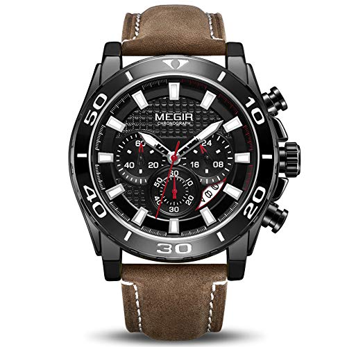 MEGIR Orologi da Uomo Cronografo Analogico al Quarzo Con Cinturino in Pelle e Calendario Automatico Luminoso Funzione