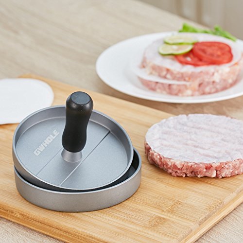 GWHOLE Hamburgerpresse + 100 Blatt Antihaftpapier patty maker aus Aluguss mit Antihaftbeschichtung, 11 cm - 6