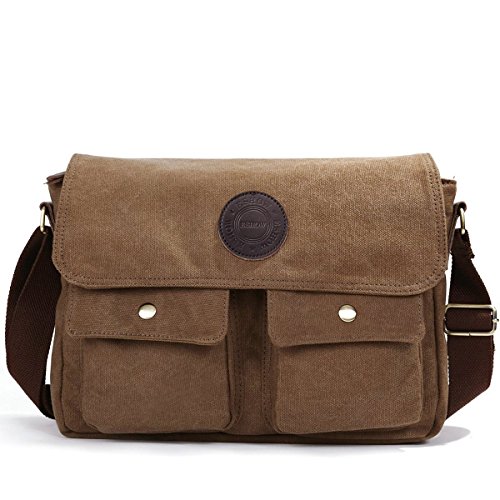 Eshow Sacoche en Toile Bandoulière Messenger Sacs à l'epaule à Bandoulière pour Homme Petite Poche pour Bureau Ecole Loisirs Shopping Plage Retro-style Marron