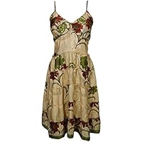 Lena Women Sundress Dress Spaghetti Strap Recycled Sari Printed Beige Holiday Sexy Dress S/M