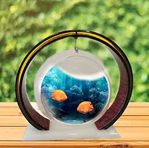 Despacito Hanging Glass Fish Tank Mini Table Aquarium Glass Betta Fish Bowl with Stand for Office and Home Decor (8.5 inch, Round Shape White)