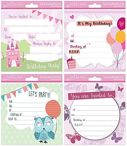 Just to say Girls Birthday Party Invitation Card with Envelope (Pack of 16)