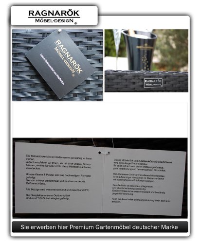 PolyRattan Essgruppe DEUTSCHE MARKE -- EIGNENE PRODUKTION Tisch + 8x Stuhl & 4x Hocker 7 Jahre GARANTIE Garten Möbel incl. Glas und Sitzkissen Ragnarök-Möbeldesign (schwarz) Gartenmöbel
