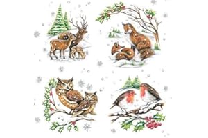 SERVIETTEN TIERE 20 Napkins Animal Families in Winter Fox Owl Deer Birds 33 x 33 cm