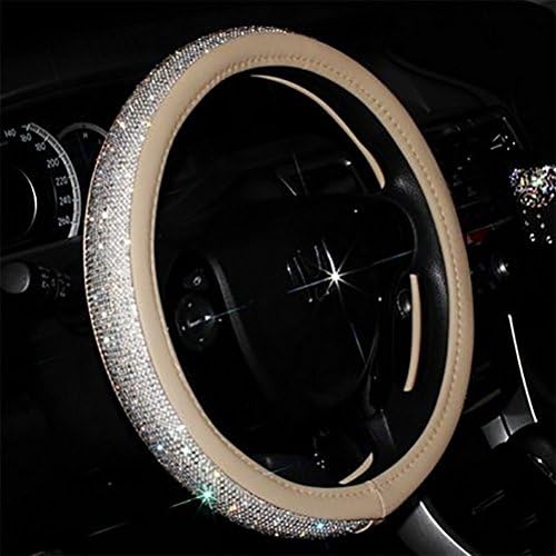 seemehappySparkly Rhinestone Steering Wheel Cover Leather Wheel Cover for Girls (Beige)