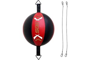 SOO Leather Double End Dodge Speedball Bag MMA Boxing Training Floor to Ceiling Punch Bag Punching Speed Ball Boxing Trainer (Red/Black)