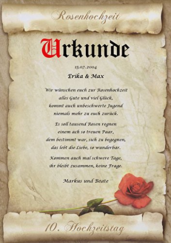 Rosenhochzeit Urkunde persönliche Geschenk Karte zum 10. Hochzeitstag Pergament div. A4 Papier Motive - 2
