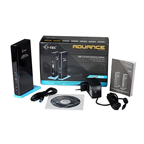 i-tec USB 3.0 Dual Docking Station für Tablets und Notebooks HDMI DVI 2x Full HD+ 2048×1152 + USB Charging Port für Tablet 4x USB 2.0 Port 2x USB 3.0 Port Gigabit Ethernet, Audioausgang , Mikrophoneingang, Für Notebook Ultrabook Tablet ab WIN 8.0 - 7