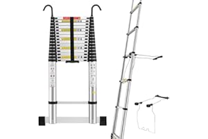 STANEW Escalera Telescópica 6.2M de Aluminio con Estabilizador de Escalera, Escalera Extensible con Barra de Equilibrio Inferior y Ganchos Extraíbles Adecuado, Plegable, Carga 150 kg