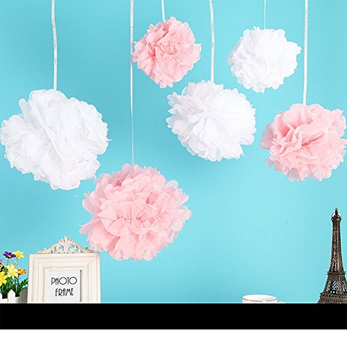 iShine 8er Set Seidenpapier PomPoms (Rote weiß Rosa Elfenbein) für Hochzeit Party Deko - 3