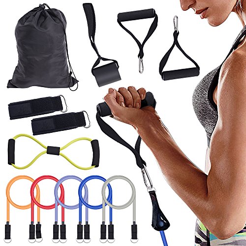 WOLFWILL Elastisch 12pcs Gymnastikbänder Übungsband Wiederstandband Fitnessbänder Set mit Griffe ideal für Sport Training Yoga Heimfitness