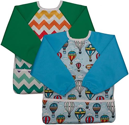 Waterproof and Wipe Clean Bib with Sleeves for Babies with Crumb Catcher and Velcro Fastener Pack of 2