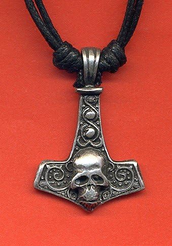 Cornwall Art Prints Pewter Thor's Hammer and Skull Pendant on Cord Necklace