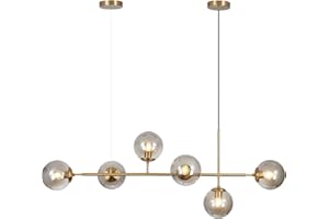 KCO Lighting Lampadario Moderno a 6 Luci Globo Sputnik, Lampadario a Sospensione Lineare in Ottone Dorato, Lampadario in Vetro Fumé Luci ad Isola per Cucina, Soggiorno