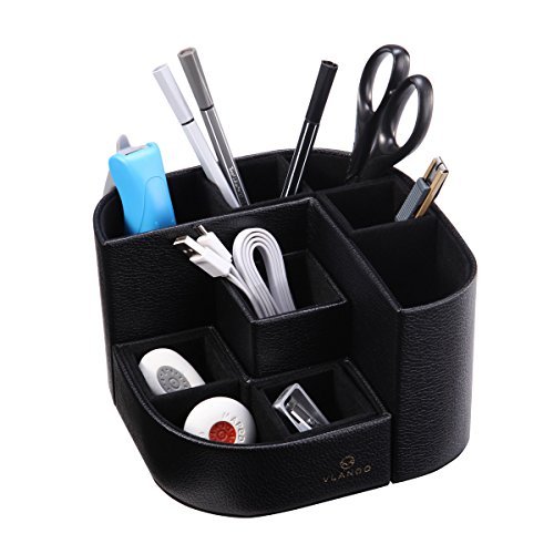 VPACK 7-Compartments Multifunctional PU Leather Desk Organizer Pencil Cup Pen Holder Office Supplies Desktop Stationery Storage Box (Onyx Black) by Vlando